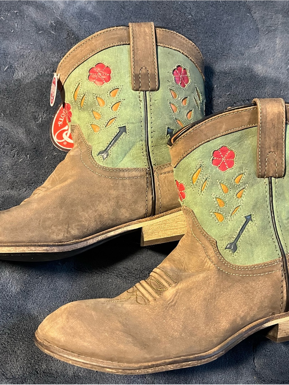 Laredo Brown Leather & Green Suede Western Ankle Boots with Red Floral Cutouts